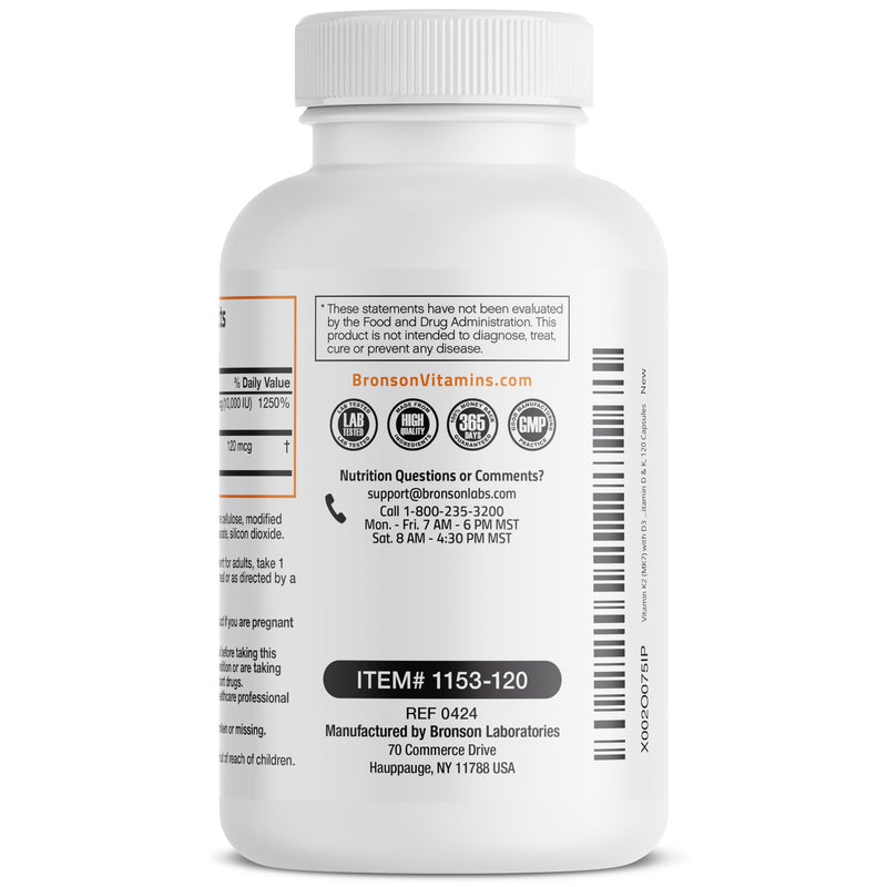 Bronson Vitamin K2 MK-7 with D3 Extra Strength – 10,000 IU D3, 120 mcg K2 MK-7, 120 Capsules