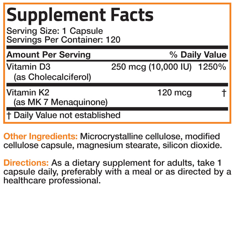 Bronson Vitamin K2 MK-7 with D3 Extra Strength – 10,000 IU D3, 120 mcg K2 MK-7, 120 Capsules