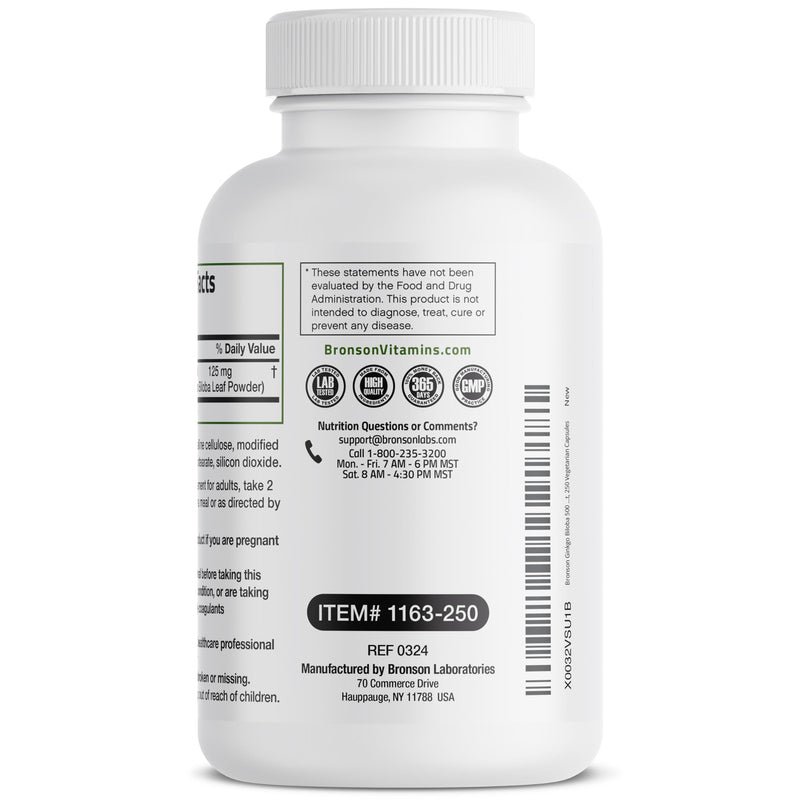 Bronson Ginkgo Biloba Extra Strength Supports Brain Function & Memory Support, 250 Vegetarian Capsules