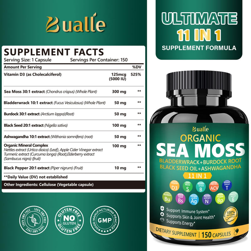 Bualle Irish Sea Moss Capsules – Organic Sea Moss & Black Seed Oil – 150 Capsules