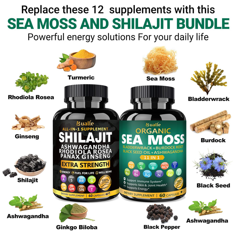 Bualle Organic Sea Moss for Women & Shilajit for Men – 12-in-1 Plant-Powered Wellness (120 Vegan Capsules)