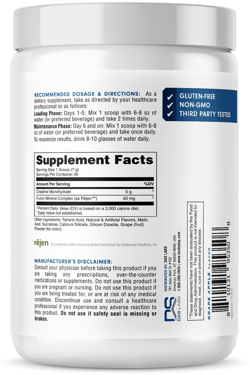 Bucked Up Grape Apple Creatine Monohydrate - 5g/Serving, 50 Servings, 250g - Made in USA