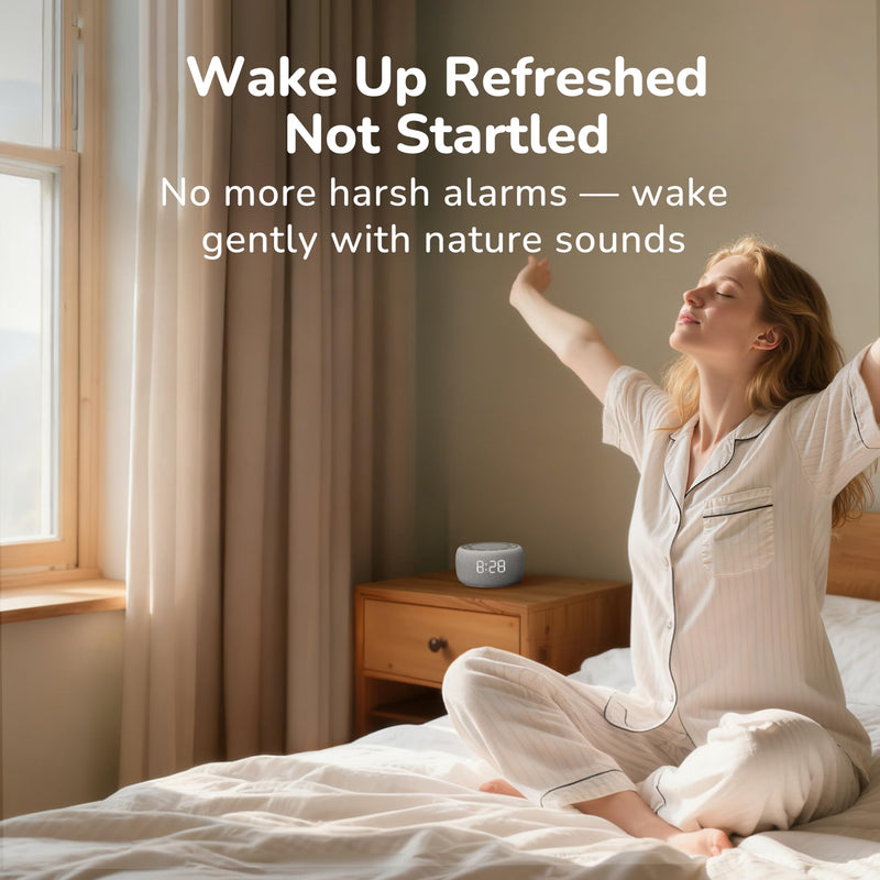 Buffbee 2-in-1 Sound Machine & Alarm Clock | 18 Soothing Sounds, 7 Night Lights, 30-Level Volume