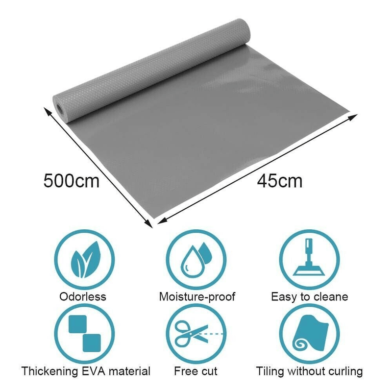Bulk Roll - 45Cm x 500Cm Non-Slip Grey Waterproof Drawer Shelf Liner Mat UK - InStock