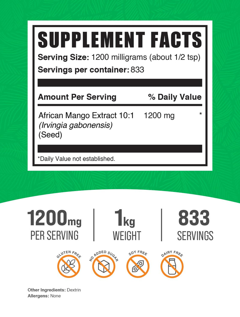 African Mango Extract Powder (Irvingia Gabonensis) – Gluten Free, 1.2g/Serving, 1kg | BulkSupplements