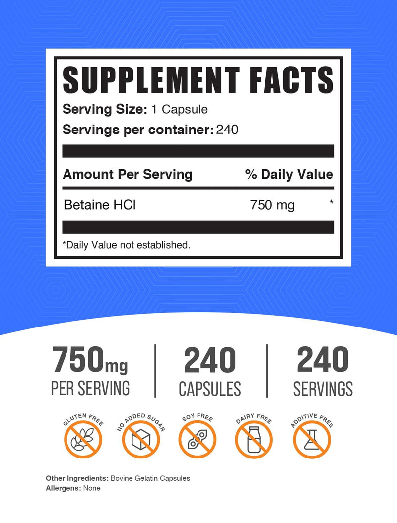 BulkSupplements Betaine HCl Capsules 750mg – Gluten Free Digestive Support | Pack of 2, 480 Capsules