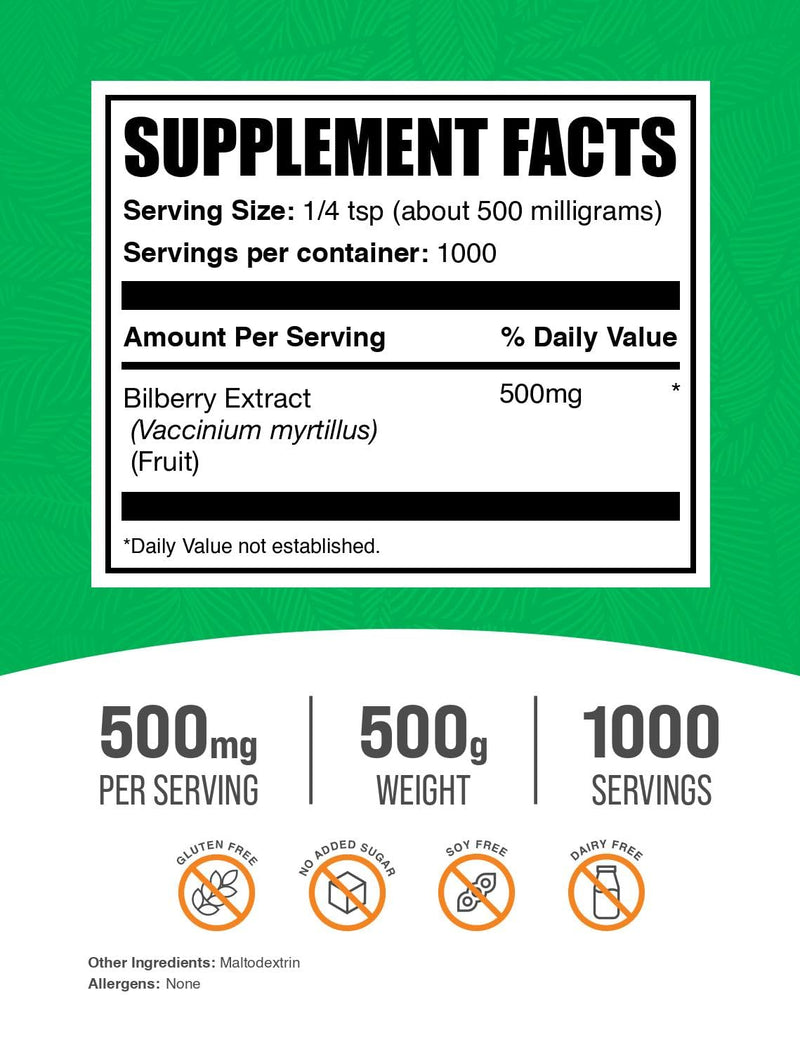 BulkSupplements Bilberry Extract Powder - 500mg Serving, 500g, Vegan & Gluten-Free
