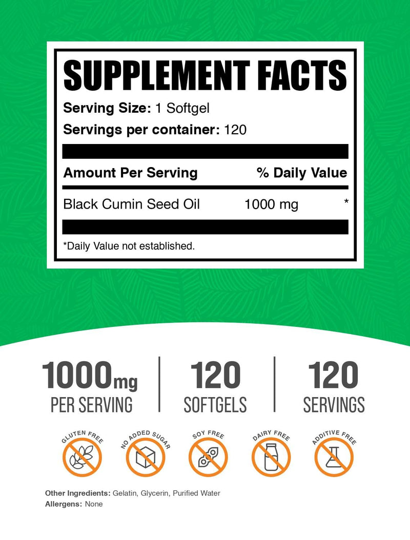 BulkSupplements Black Cumin Seed Oil Softgels 1000mg – 120 Count (Gluten Free)