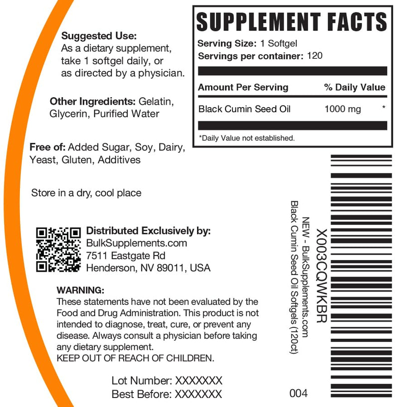 BulkSupplements Black Cumin Seed Oil Softgels 1000mg – 120 Count (Gluten Free)