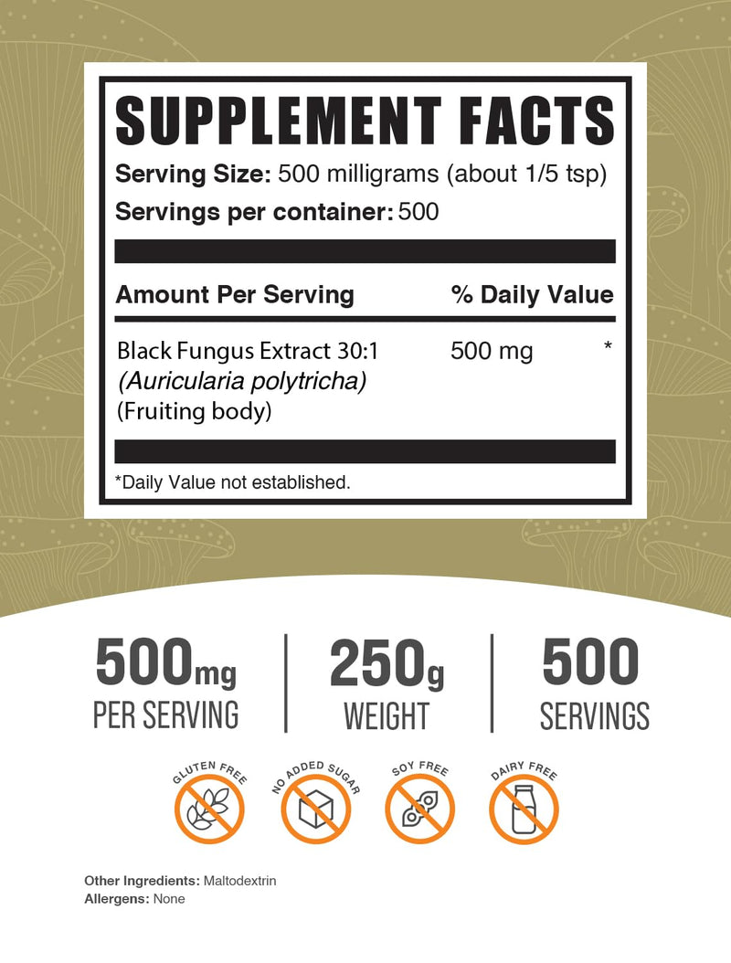 Black Fungus Mushroom Extract Powder (Wood Ear) – 500 mg, 250 g | Vegan & Gluten-Free | BulkSupplements.com