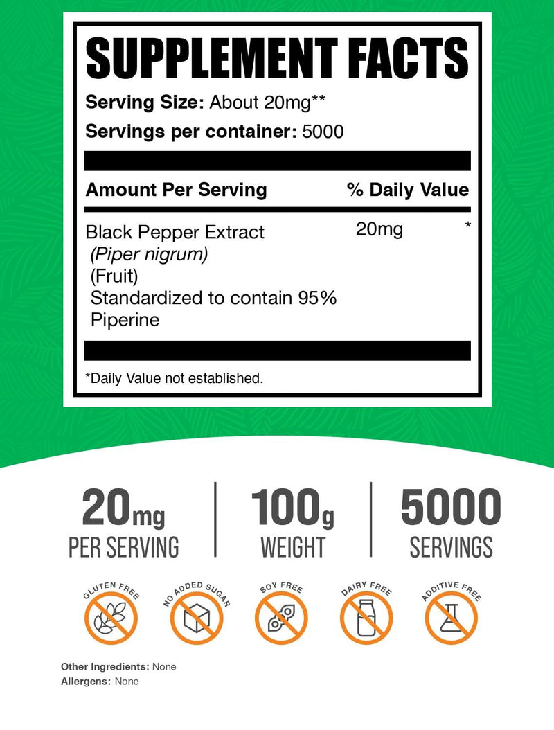 BulkSupplements Black Pepper Extract Powder – Piperine 20 mg/Serving, Vegan & Gluten Free, 100 g (3.5 oz) Pack of 1
