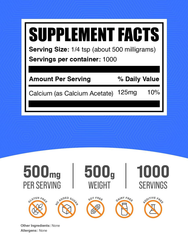 BulkSupplements Calcium Acetate Powder – Calcium Supplement, Food Grade, Gluten Free, 500 mg per Serving, 500 g