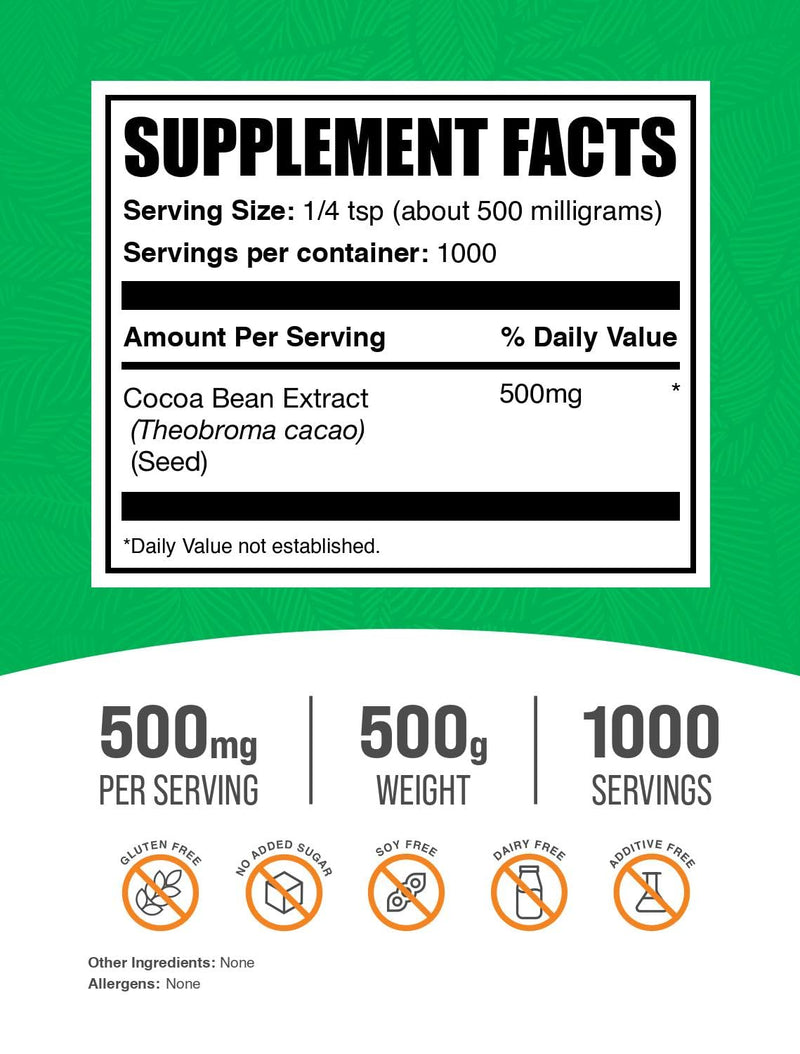 Cocoa Bean Extract Powder 500mg - Unsweetened, Vegan, Gluten Free | 500g | BulkSupplements