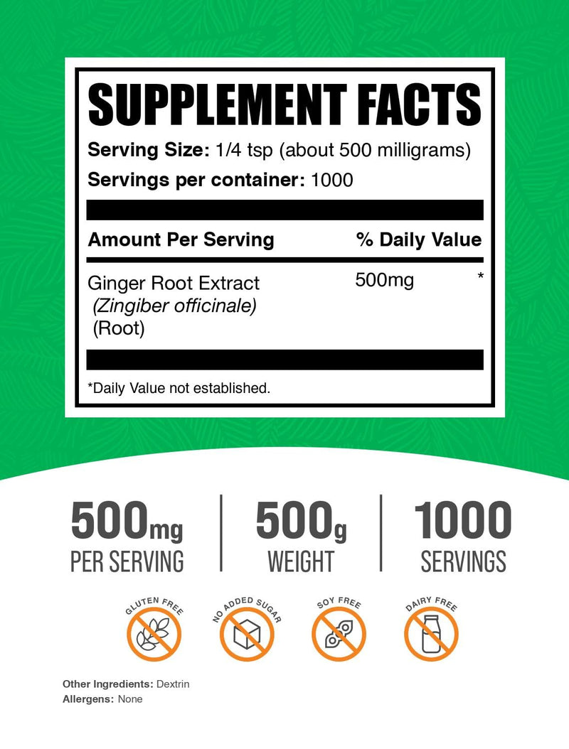 BulkSupplements Ginger Root Extract Powder – 500mg per Serving, 500g (Pack of 1)