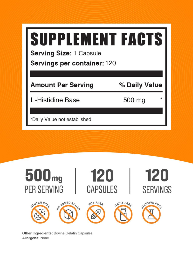 BulkSupplements L-Histidine Capsules - L-Histidine Base, Essential Amino Acid, Gluten Free | 120 Capsules per Bottle, Pack of 2