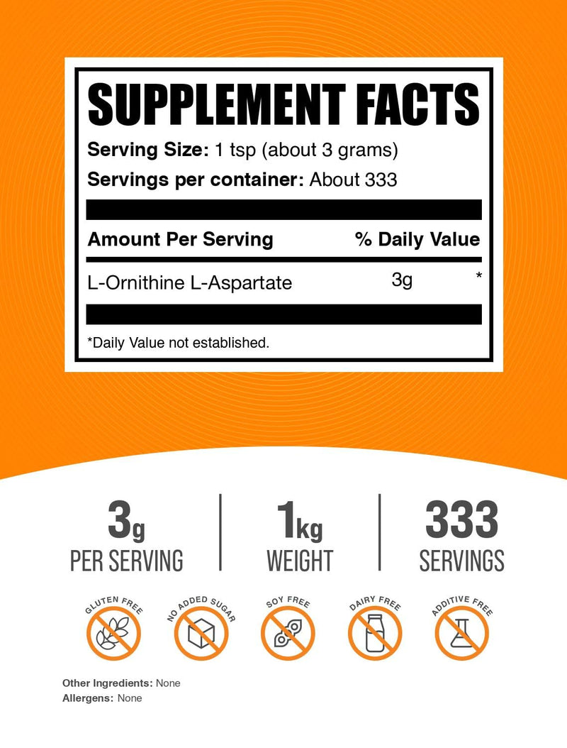 BulkSupplements L-Ornithine L-Aspartate Powder – 3 g Serving, 1 kg, Gluten Free