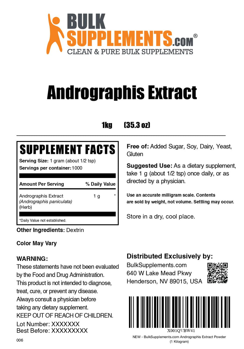 Andrographis Extract Powder - BulkSupplements, Andrographis Paniculata, 1g Serving, 1kg Pack