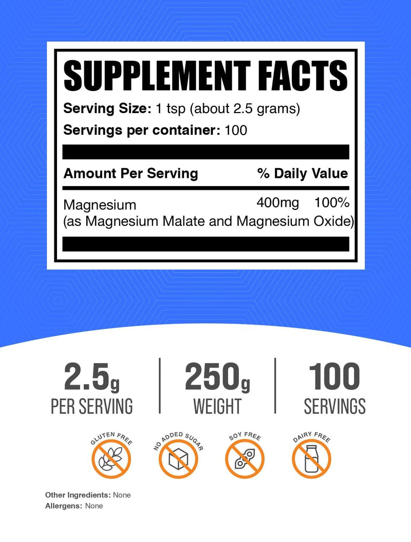 Magnesium Malate Powder - High Bioavailability, Gluten Free | 250g (8.8 oz) | BulkSupplements