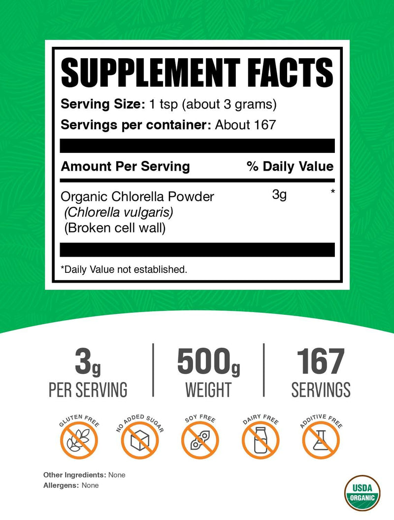 BulkSupplements Organic Chlorella Powder – Broken Cell Wall, Gluten Free, 500g