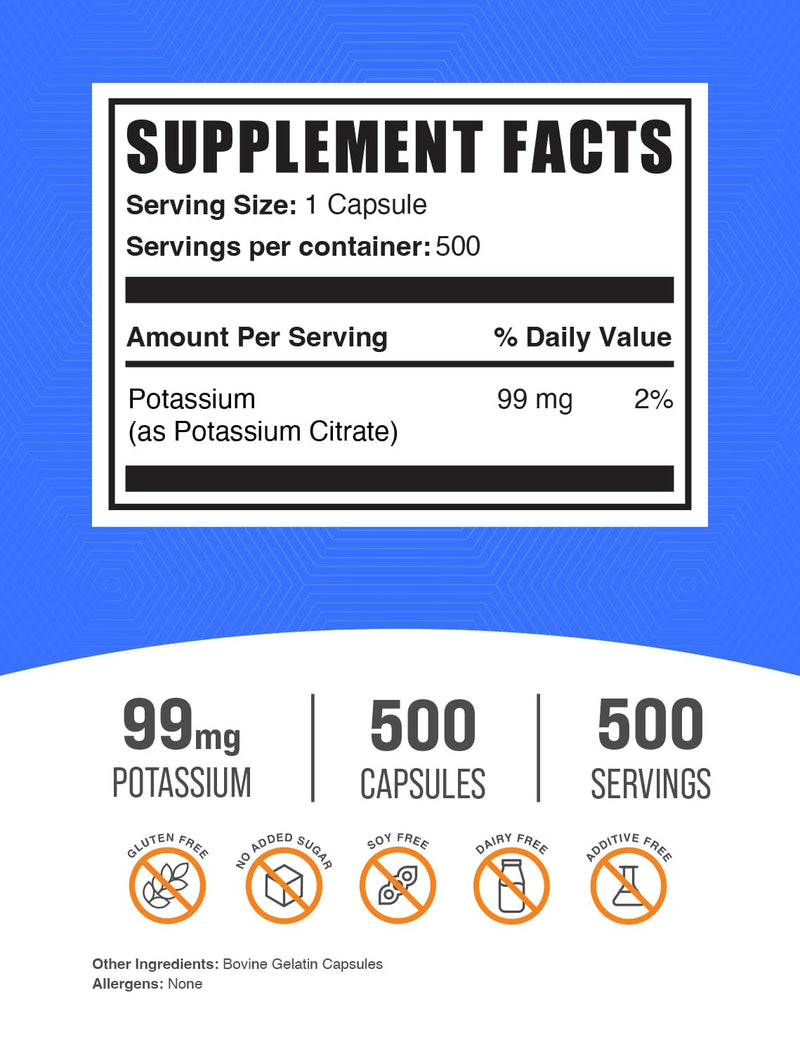 BulkSupplements Potassium Citrate Capsules 99mg - 500 Capsules (Pack of 2) | 1 Capsule Serving