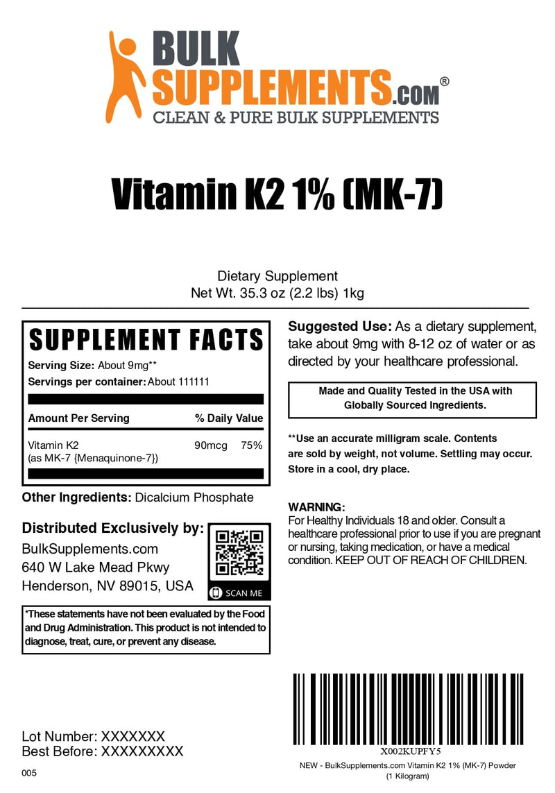 Vitamin K2 MK-7 Powder – 9 mg/Serving, 1kg | Gluten Free