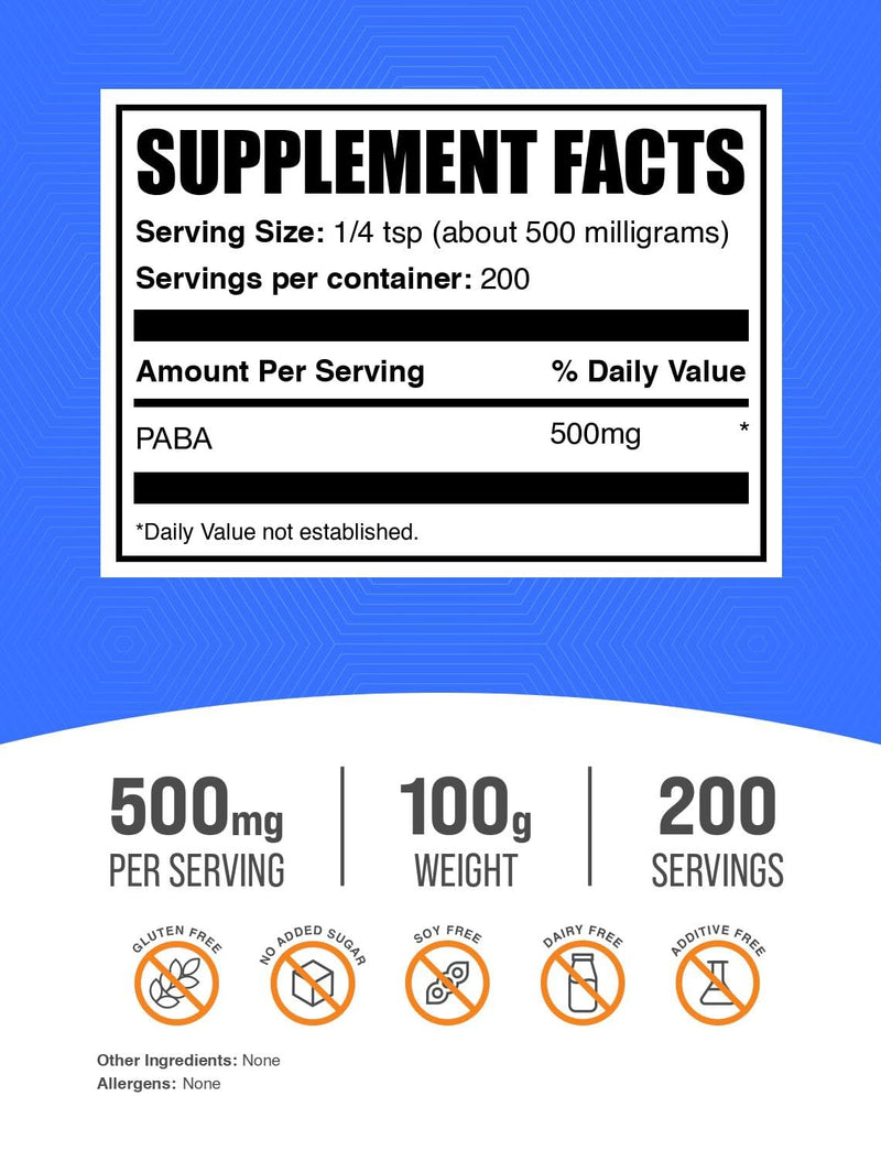 BulkSupplements.com PABA Powder - Para Aminobenzoic Acid 500mg, Vegan & Gluten Free, 100g (3.5 oz) – Pack of 1