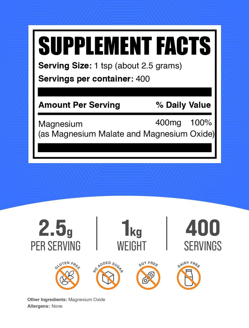 BulkSupplements Magnesium Malate Powder 1kg – Unflavored, Gluten Free, High Bioavailability