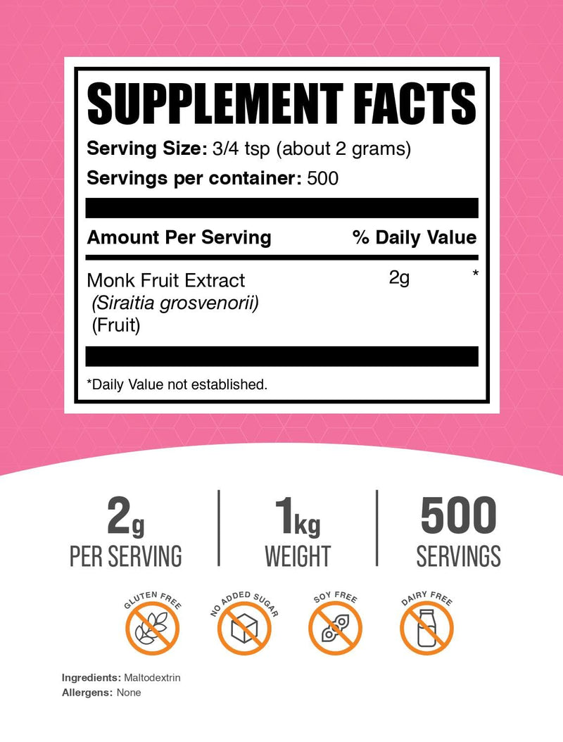 BulkSupplements Monk Fruit Extract Powder – Luo Han Guo, 1 kg, 500 Servings, Gluten Free, No Erythritol, 2 g/Serving
