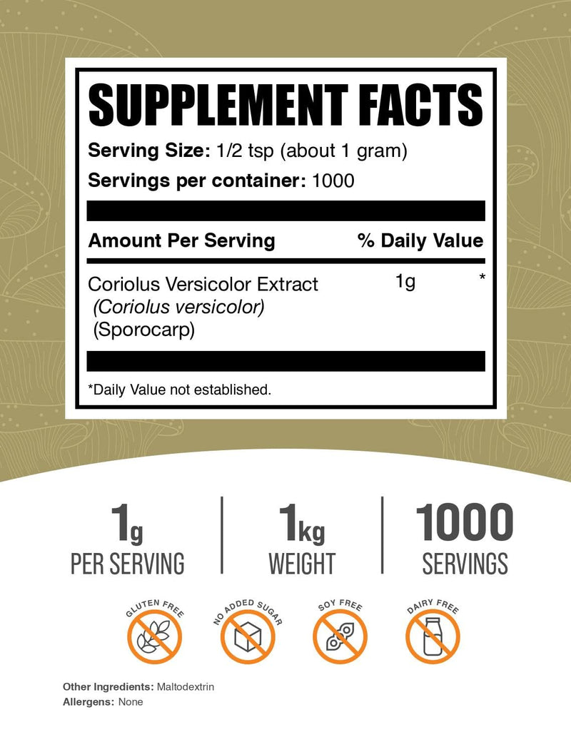 BulkSupplements Turkey Tail Mushroom Extract Powder – Coriolus Versicolor, Vegan & Gluten Free, 1kg