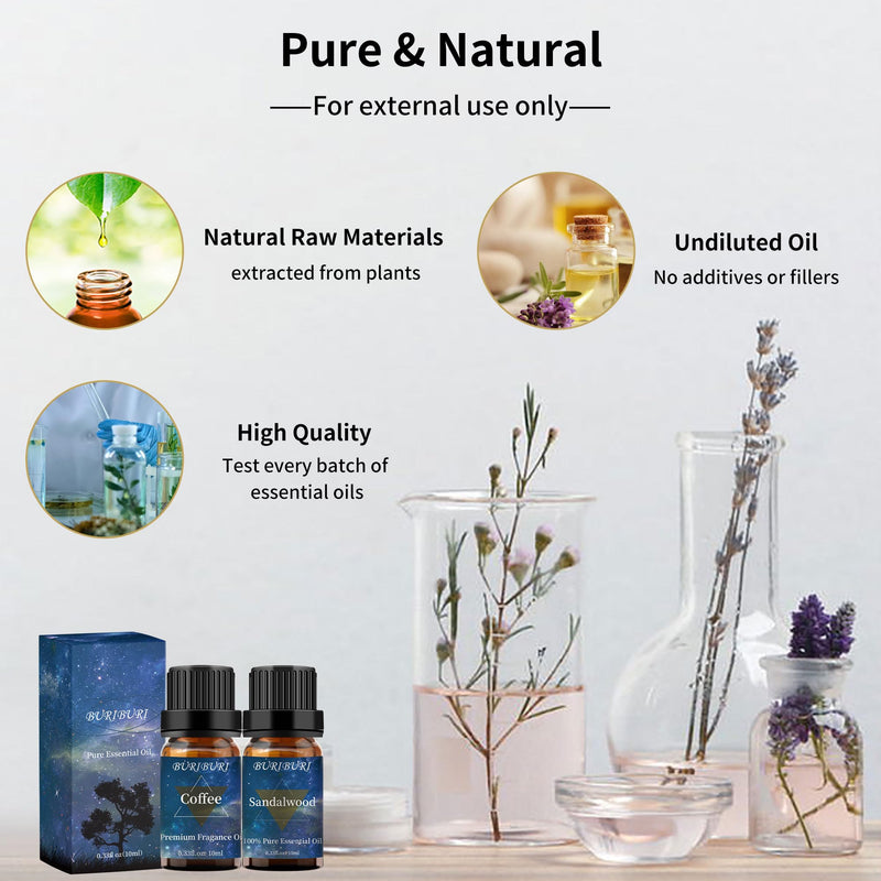 BURIBURI Sandalwood & Coffee Essential Oils 10ml – 100% Pure Fragrance Oils for Diffuser & Massage