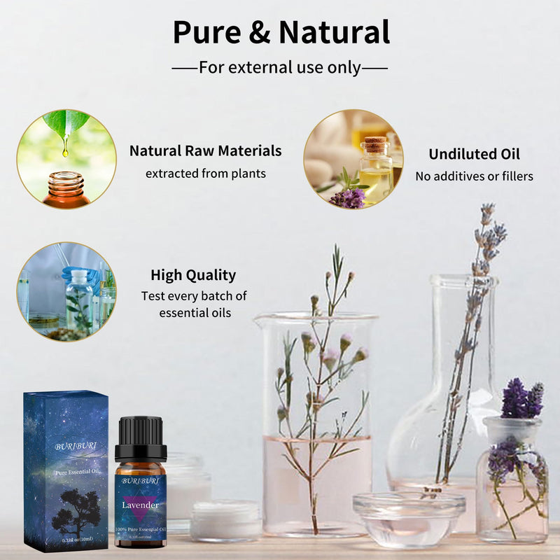 BURIBURI Rose & Lavender Essential Oil Set | 100% Pure Fragrance Oils for Diffuser, Massage & Candles