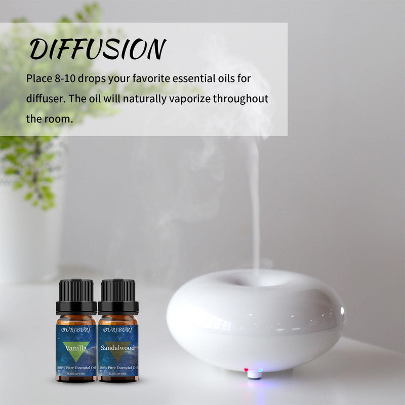BURIBURI Sandalwood & Vanilla Essential Oils Gift Set - 10ml Each, 100% Pure & Undiluted
