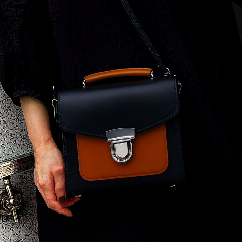 Handmade Leather Two Tone Sugarcube Handbag - Black & Burnt Orange