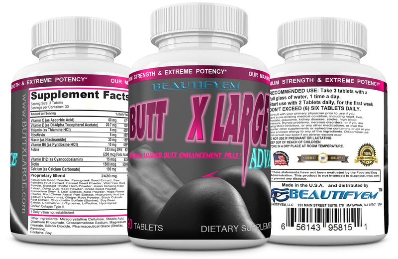 BEAUTIFYEM Butt X-Large Advance Butt Enlargement, Booty Enhancement. Butt Enhancer Pills. Fast Curved Bigger Glutes. 90 Tablets (Not a Butt Cream)