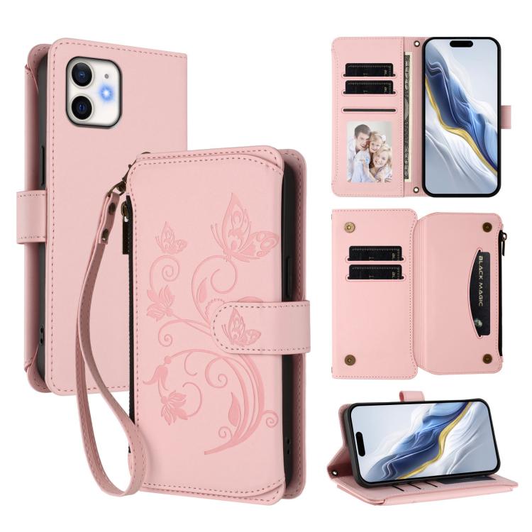 Butterfly Love Flower Multi-card Zipper Wallet Leather Phone Case, For iPhone 12 / 12 Pro, For iPhone 12 Pro Max, For iPhone 12 mini - InStock