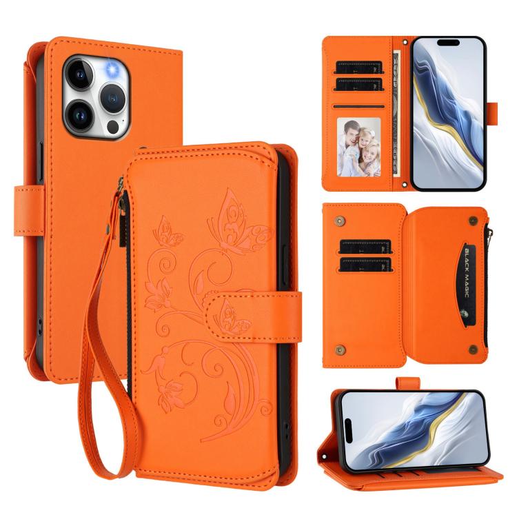 Butterfly Love Flower Multi-card Zipper Wallet Leather Phone Case, For iPhone 15 Pro Max, For iPhone 15 Pro, For iPhone 15 Plus - InStock