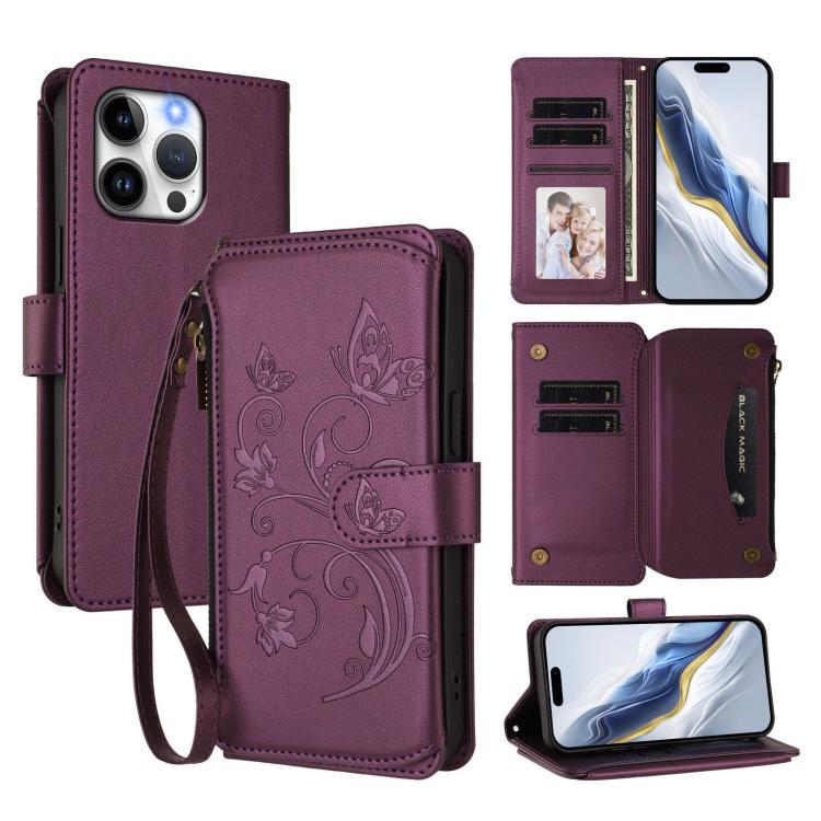 Butterfly Love Flower Multi-card Zipper Wallet Leather Phone Case, For iPhone 15 Pro Max, For iPhone 15 Pro, For iPhone 15 Plus - InStock