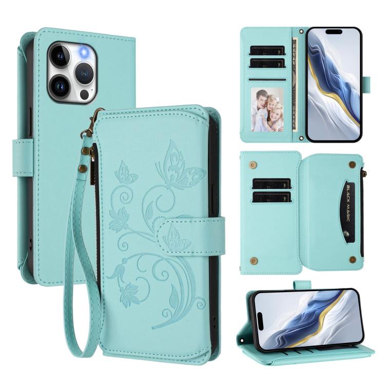 Butterfly Love Flower Multi-card Zipper Wallet Leather Phone Case, For iPhone 15 Pro Max, For iPhone 15 Pro, For iPhone 15 Plus - InStock