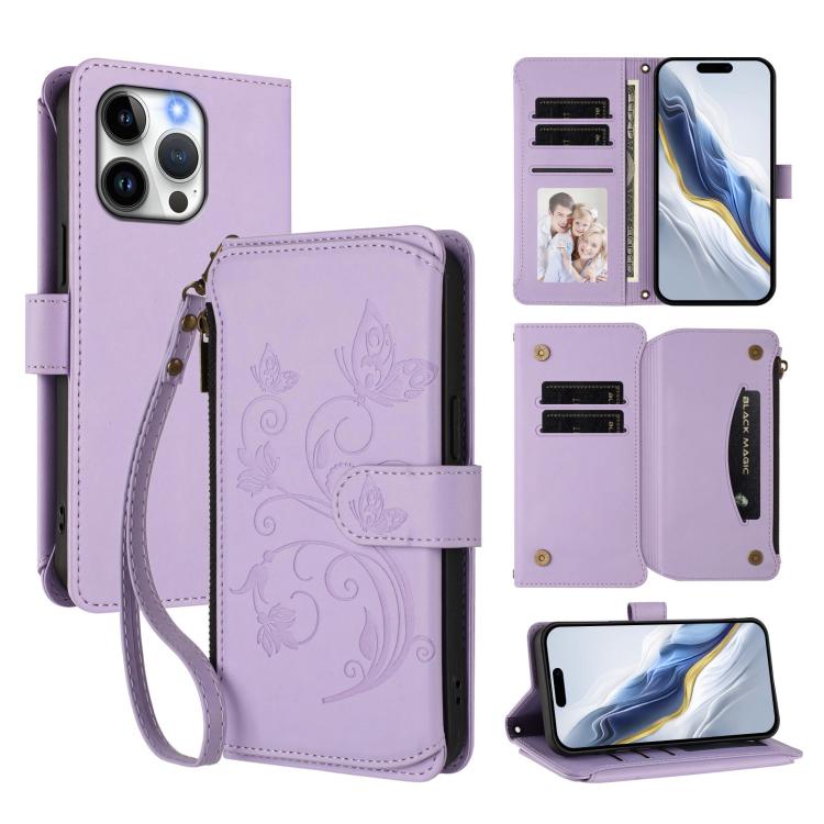 Butterfly Love Flower Multi-card Zipper Wallet Leather Phone Case, For iPhone 15 Pro Max, For iPhone 15 Pro, For iPhone 15 Plus - InStock