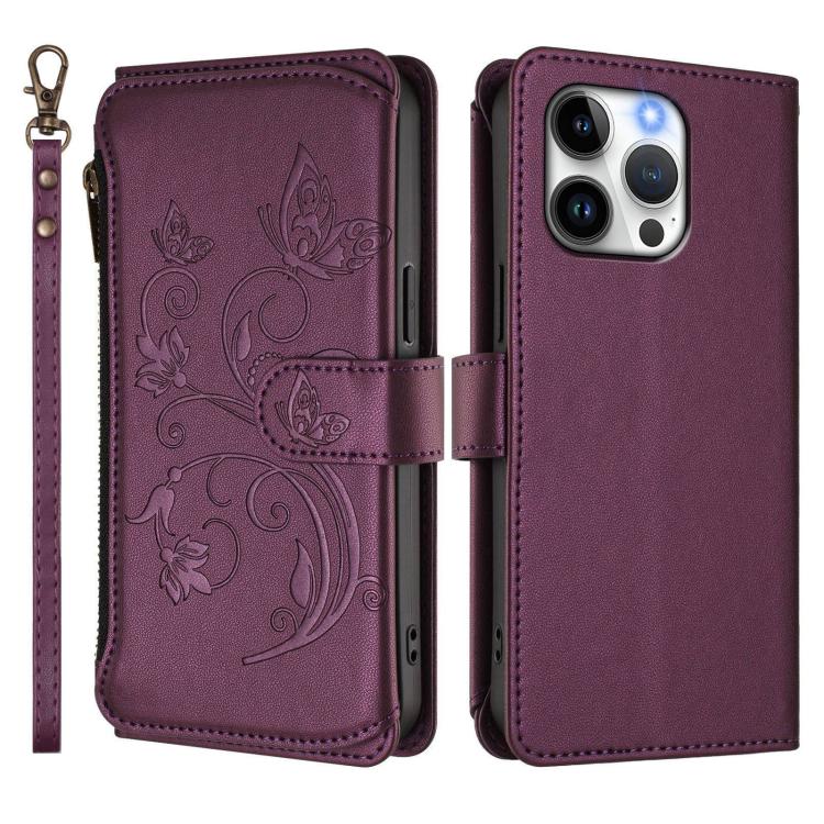 Butterfly Love Flower Multi-card Zipper Wallet Leather Phone Case, For iPhone 15 Pro Max, For iPhone 15 Pro, For iPhone 15 Plus - InStock