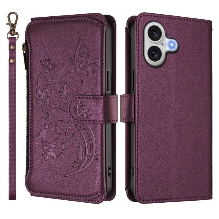Butterfly Love Flower Multi-card Zipper Wallet Leather Phone Case, For iPhone 17, For iPhone Air, For iPhone 16 Pro Max - InStock