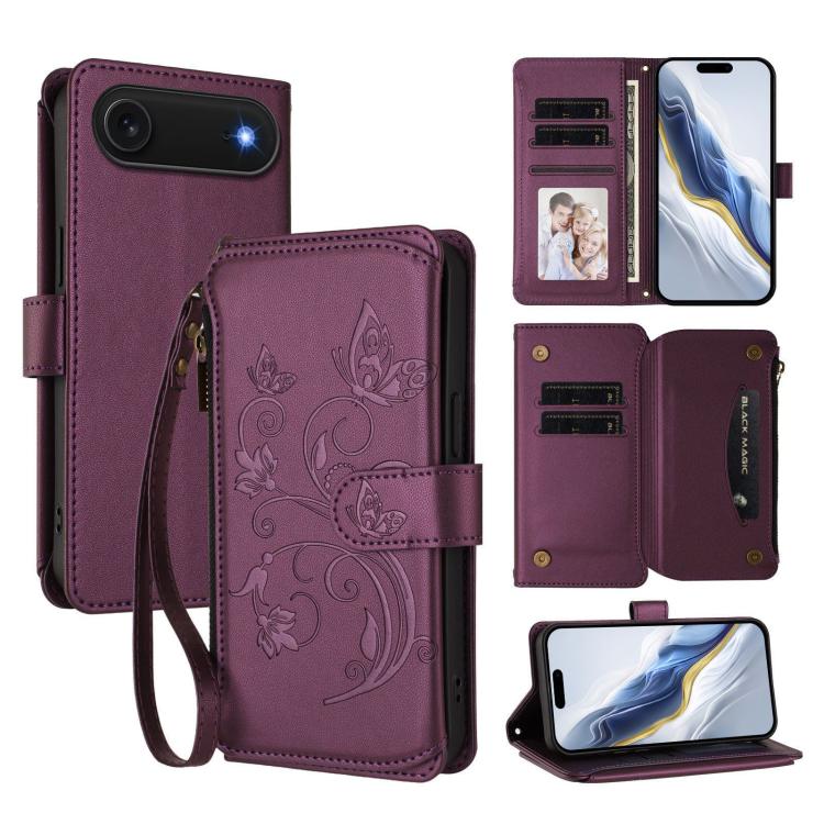 Butterfly Love Flower Multi-card Zipper Wallet Leather Phone Case, For iPhone 17, For iPhone Air, For iPhone 16 Pro Max - InStock