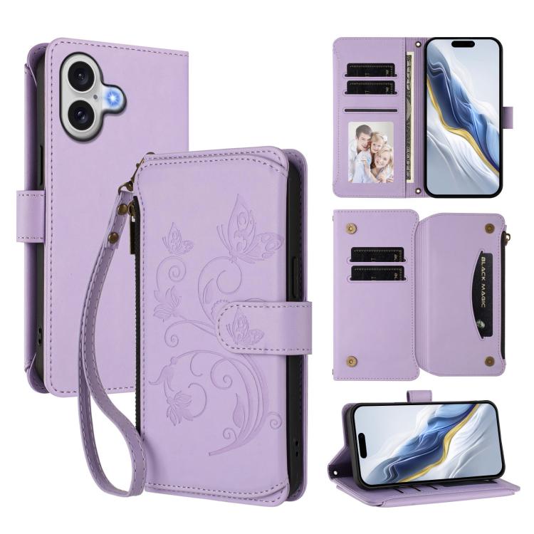 Butterfly Love Flower Multi-card Zipper Wallet Leather Phone Case, For iPhone 17, For iPhone Air, For iPhone 16 Pro Max - InStock
