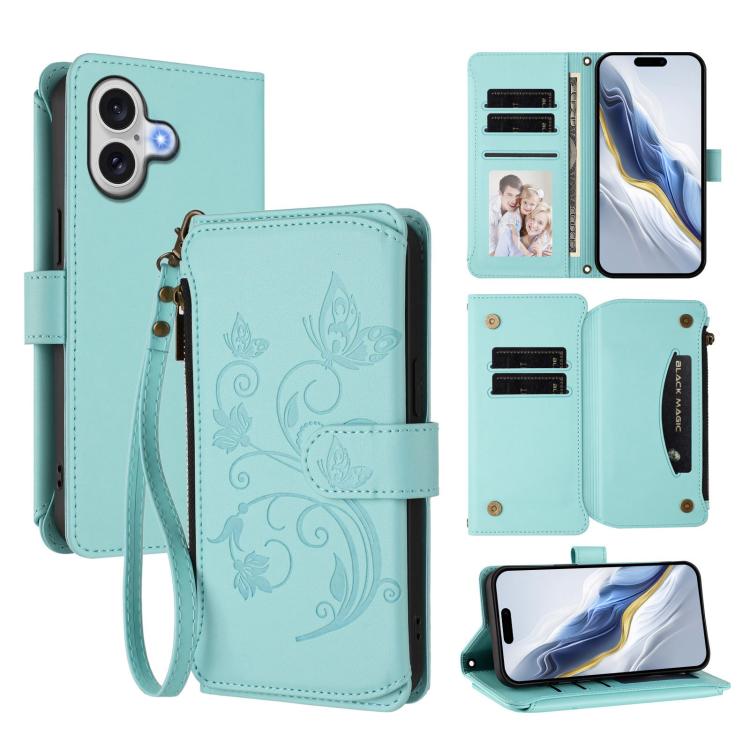 Butterfly Love Flower Multi-card Zipper Wallet Leather Phone Case, For iPhone 17, For iPhone Air, For iPhone 16 Pro Max - InStock