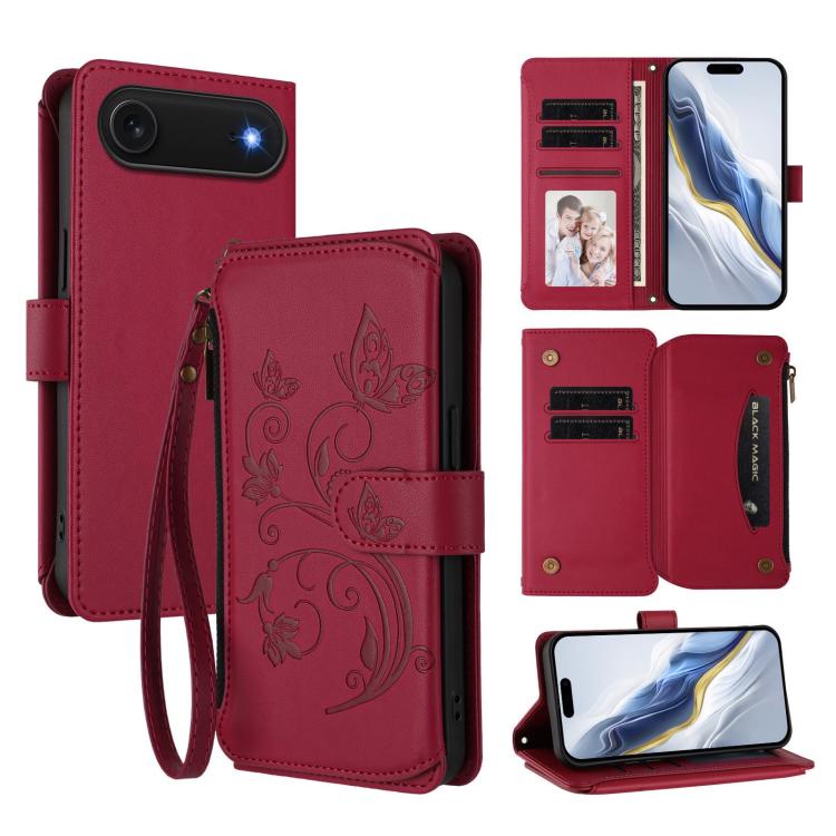 Butterfly Love Flower Multi-card Zipper Wallet Leather Phone Case, For iPhone 17, For iPhone Air, For iPhone 16 Pro Max - InStock