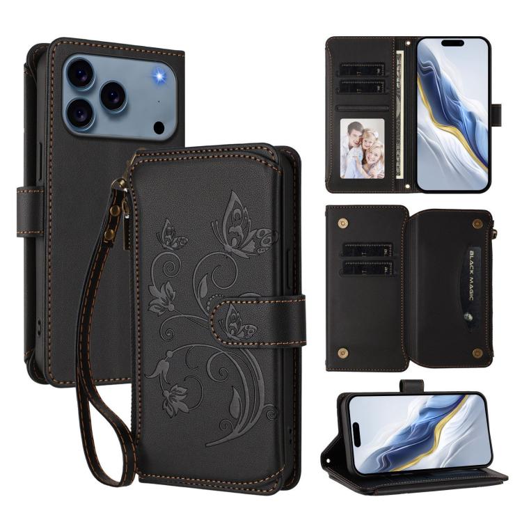 Butterfly Love Flower Multi-card Zipper Wallet Leather Phone Case, For iPhone 17e / 16e, For iPhone 17 Pro Max, For iPhone 17 Pro - InStock