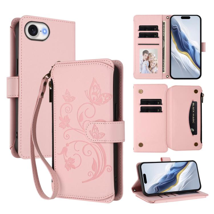 Butterfly Love Flower Multi-card Zipper Wallet Leather Phone Case, For iPhone 17e / 16e, For iPhone 17 Pro Max, For iPhone 17 Pro - InStock