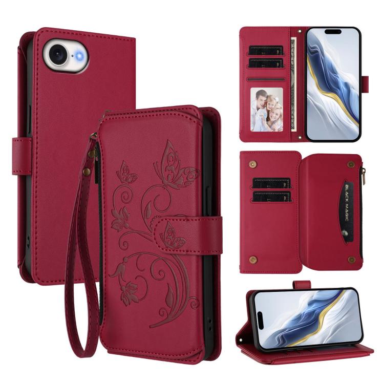 Butterfly Love Flower Multi-card Zipper Wallet Leather Phone Case, For iPhone 17e / 16e, For iPhone 17 Pro Max, For iPhone 17 Pro - InStock