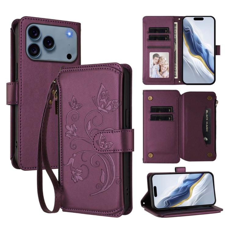 Butterfly Love Flower Multi-card Zipper Wallet Leather Phone Case, For iPhone 17e / 16e, For iPhone 17 Pro Max, For iPhone 17 Pro - InStock
