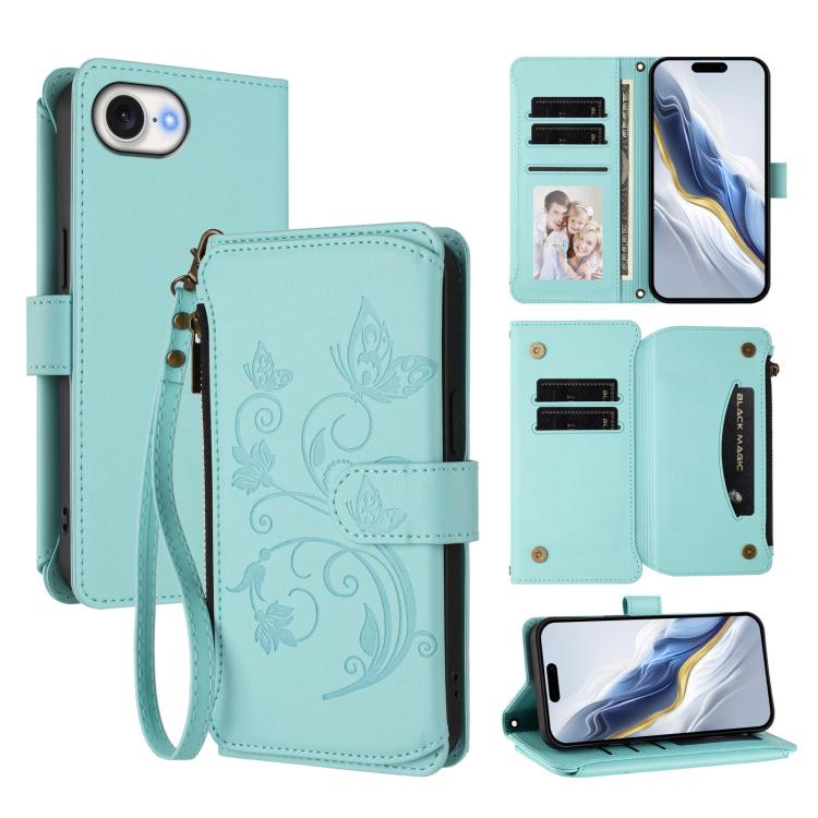 Butterfly Love Flower Multi-card Zipper Wallet Leather Phone Case, For iPhone 17e / 16e, For iPhone 17 Pro Max, For iPhone 17 Pro - InStock